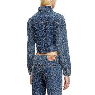 (Women) DIESEL FW24 Slim Fit Denim Jacket with Metal Buttons in Blue. A142030PGAH-01 Details for (Women) DIESEL FW24 Slim Fit Denim Jacket with Metal Buttons in Blue. A142030PGAH-01