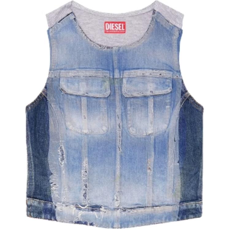 (Women) DIESEL FW24  Vintage Denim Vest Blue - Sleeveless, Dual Pocket Design. A14757007X8-01