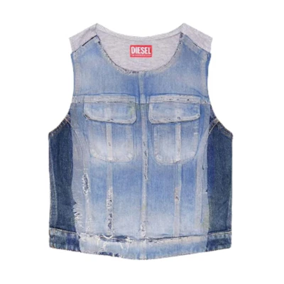 (Women) DIESEL FW24 Vintage Denim Vest Blue - Sleeveless, Dual Pocket Design. A14757007X8-01