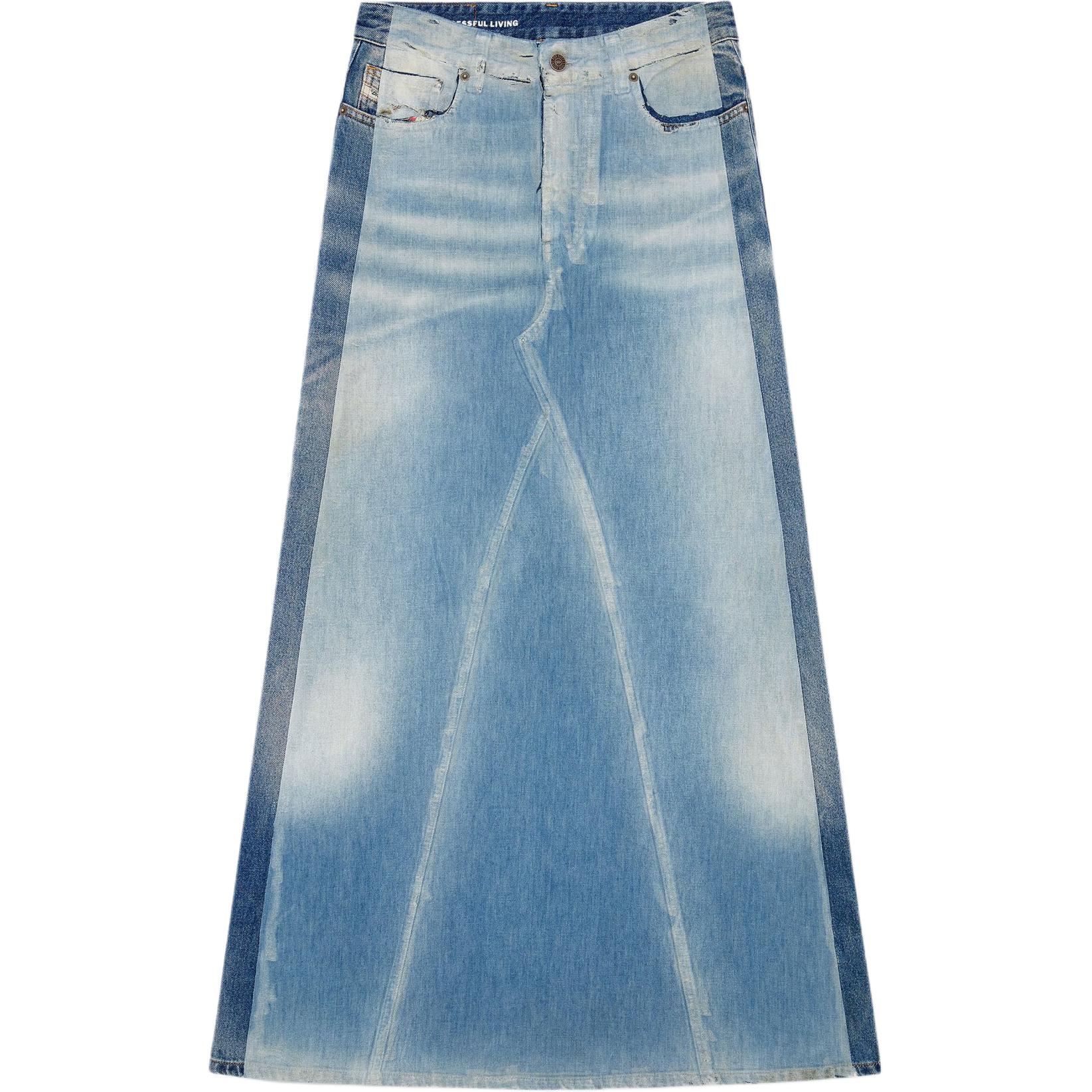 (Women) DIESEL FW24  Washed Distressed Denim Long Skirt - Blue A1472609K22-01