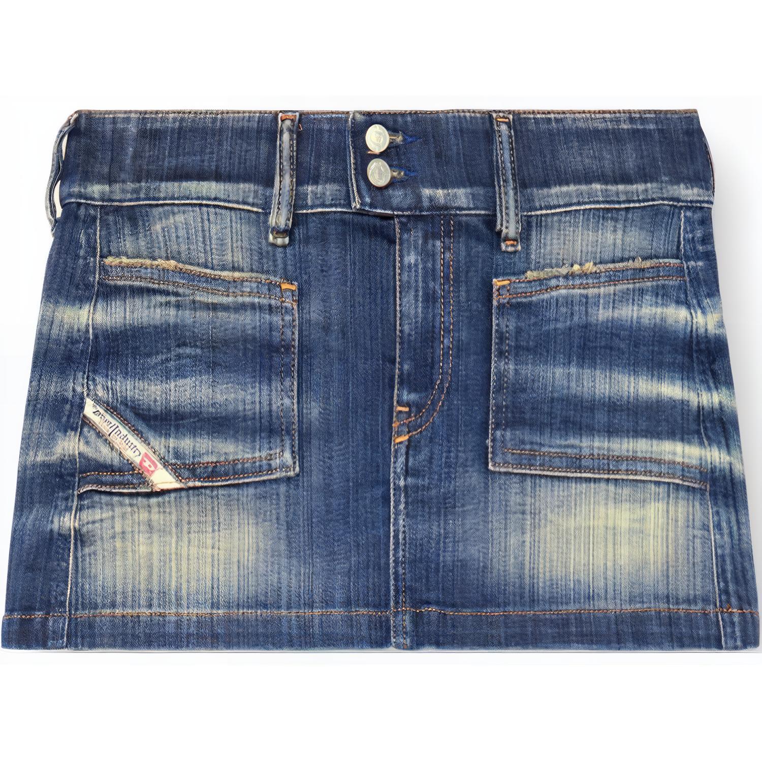 (Women) DIESEL FW24  Washed Distressed Denim Mini Skirt in Mid-Blue. A1373009J46-01