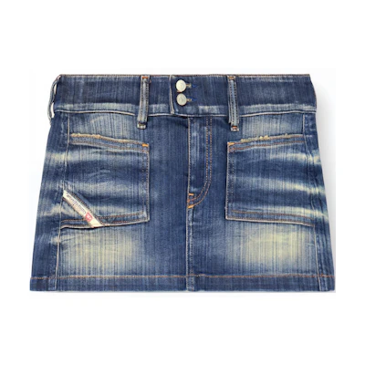 (Women) DIESEL FW24 Washed Distressed Denim Mini Skirt in Mid-Blue. A1373009J46-01