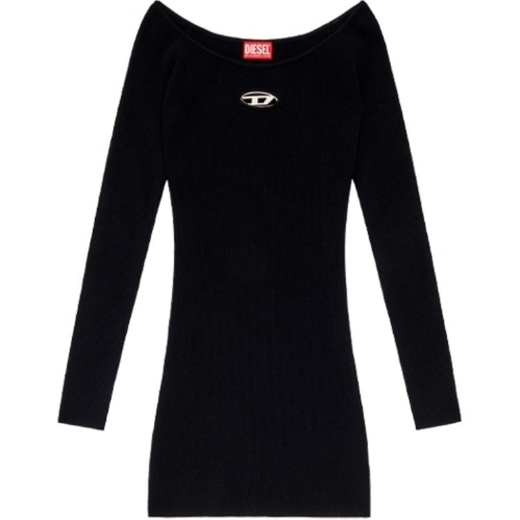 (Women) DIESEL FW24 OVAL-D Y2K Slim Fit Metallic Logo Black Long Sleeve Dress Women A141880DLAX-9XX