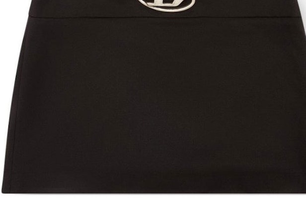 (W) DIESEL OVAL-D Rok Mini Slim Fit Hitam dengan Logo Metal dan Resleting Tersembunyi. A143880PHAL9XX Sizing (W) DIESEL OVAL-D Rok Mini Slim Fit Hitam dengan Logo Metal dan Resleting Tersembunyi. A143880PHAL9XX