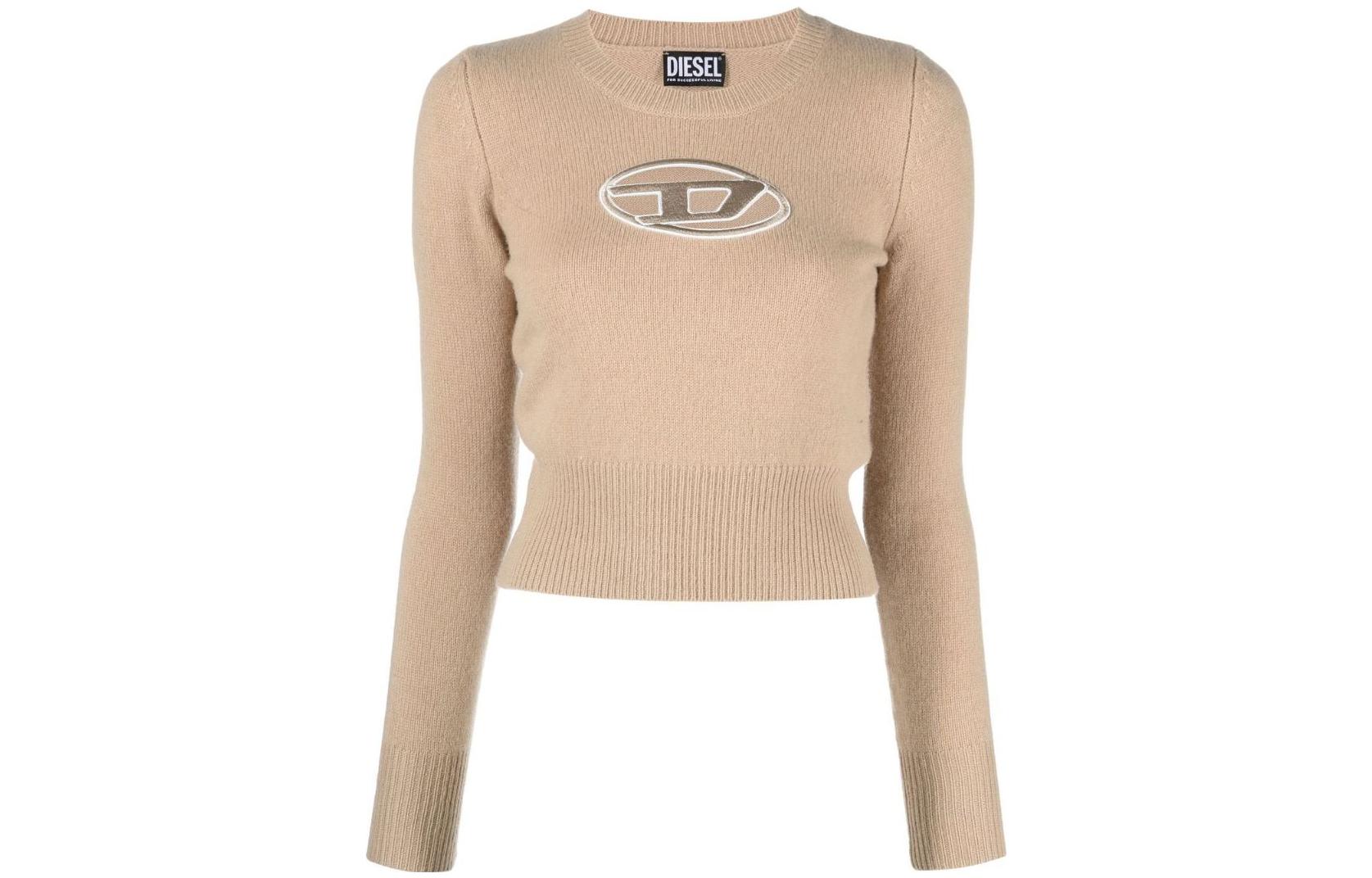 (Women) DIESEL OVAL-D FW22  Khaki Logo Embroidered Crewneck Cashmere Sweater. A067120KCAE79G