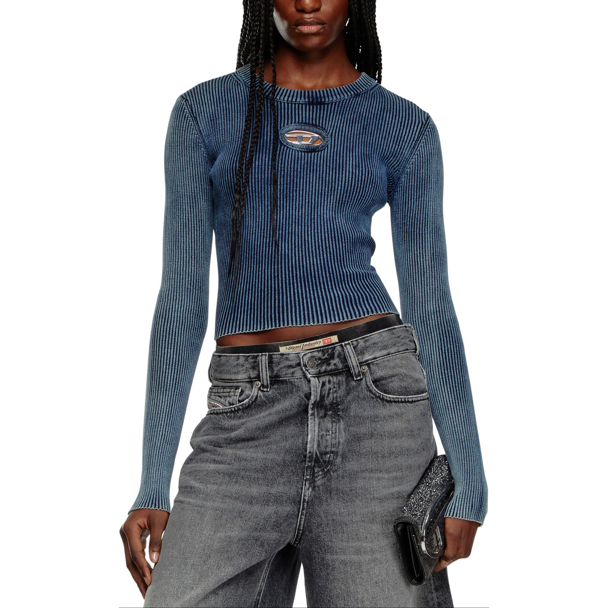 Shop (W) DIESEL OVAL-D 金属标志蓝色针织圆领毛衣 A148100ANAH-8AT