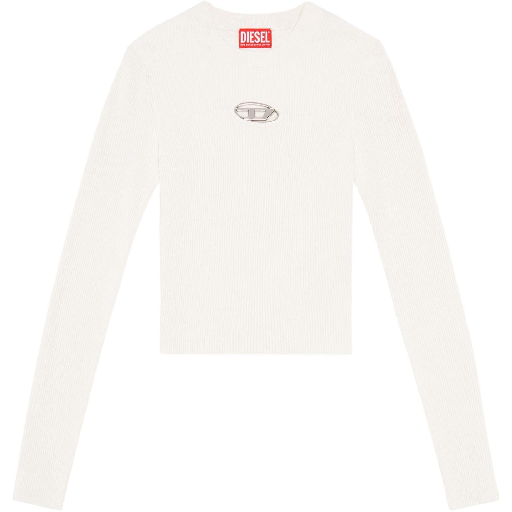 (Women) DIESEL OVAL-D Series SS24  White Slim Knit Long Sleeve Top with Metal Logo. A123970DLAX-129