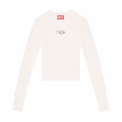 (Women) DIESEL OVAL-D Series SS24 White Slim Knit Long Sleeve Top with Metal Logo. A123970DLAX-129