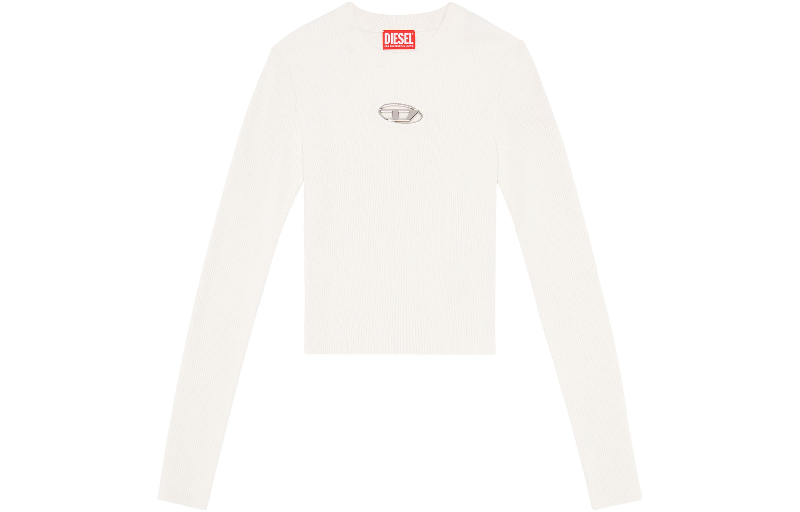Order (Women) DIESEL OVAL-D Series SS24  White Slim Knit Long Sleeve Top with Metal Logo. A123970DLAX-129
