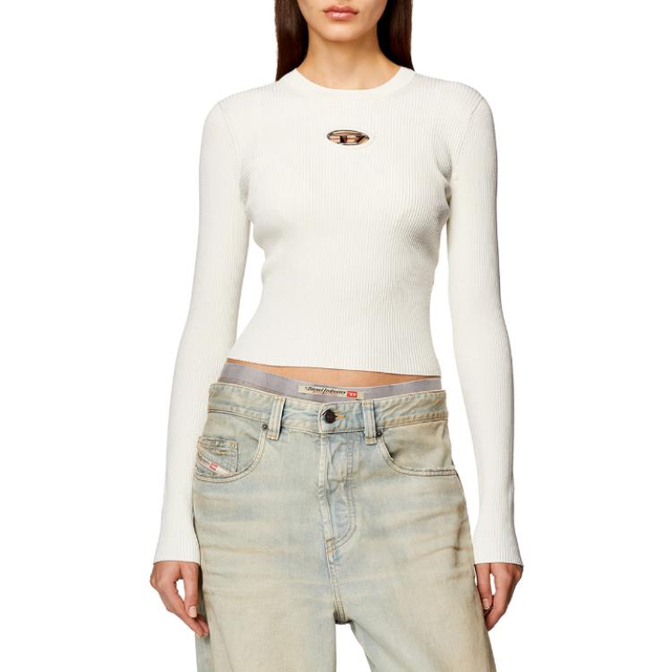 Lookbook (Women) DIESEL OVAL-D Series SS24  White Slim Knit Long Sleeve Top with Metal Logo. A123970DLAX-129