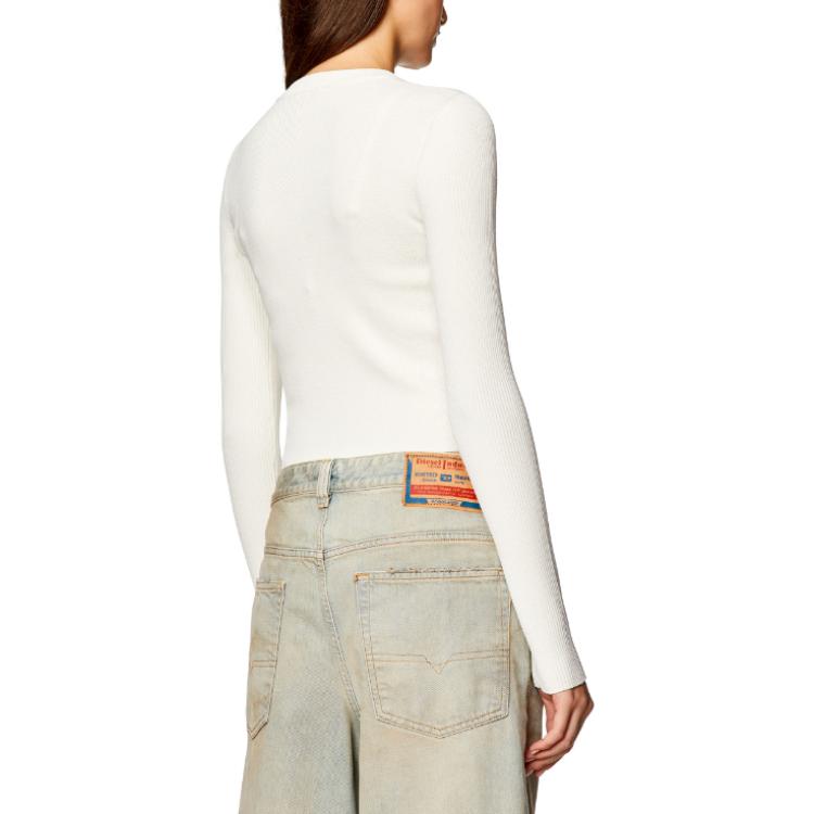 Shop (Women) DIESEL OVAL-D Series SS24  White Slim Knit Long Sleeve Top with Metal Logo. A123970DLAX-129