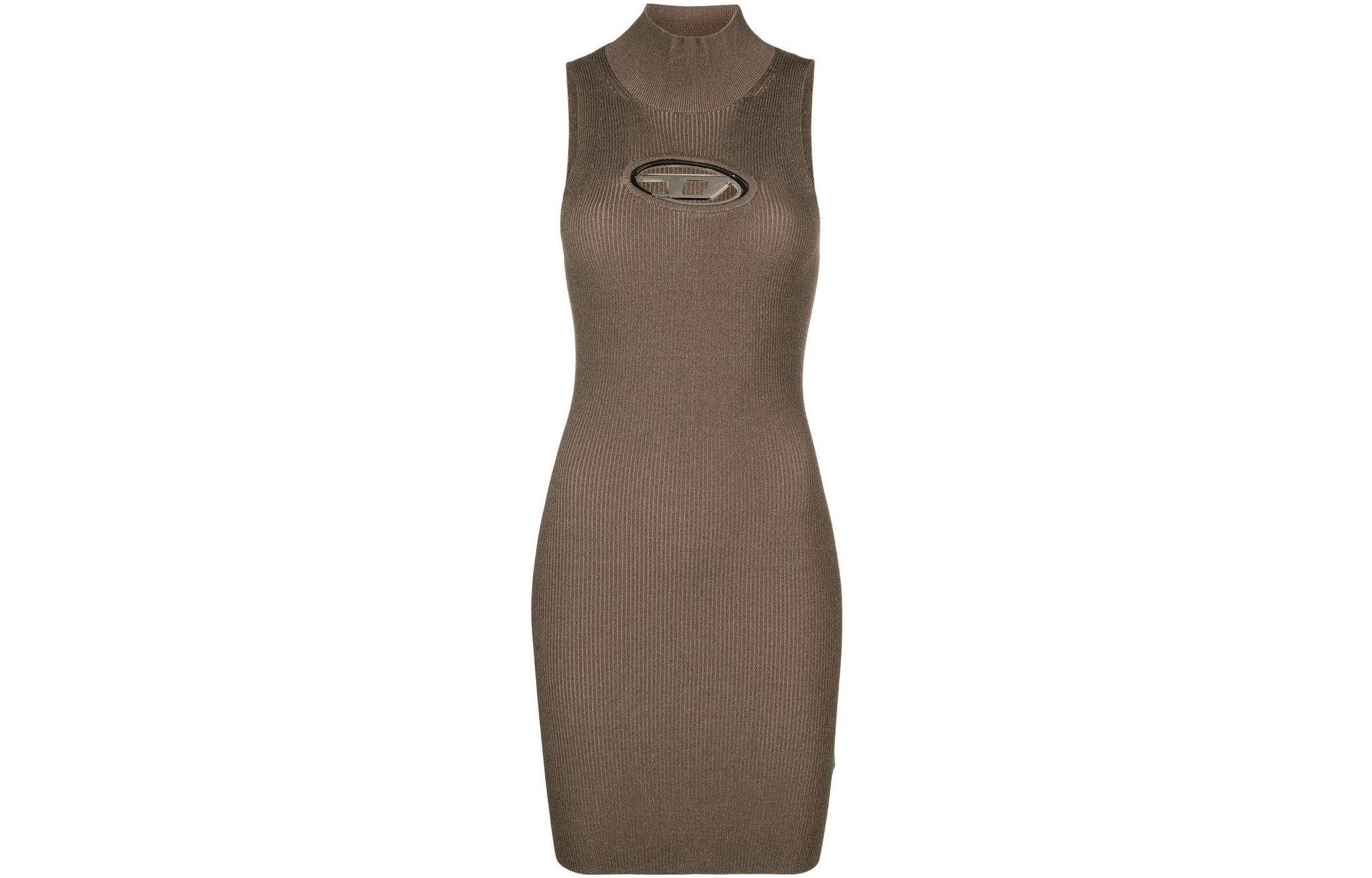 (Women) DIESEL OVAL-D SS23  Brown Slim-Fit Sleeveless Dress with Logo Cutout. A094630DLAX-937