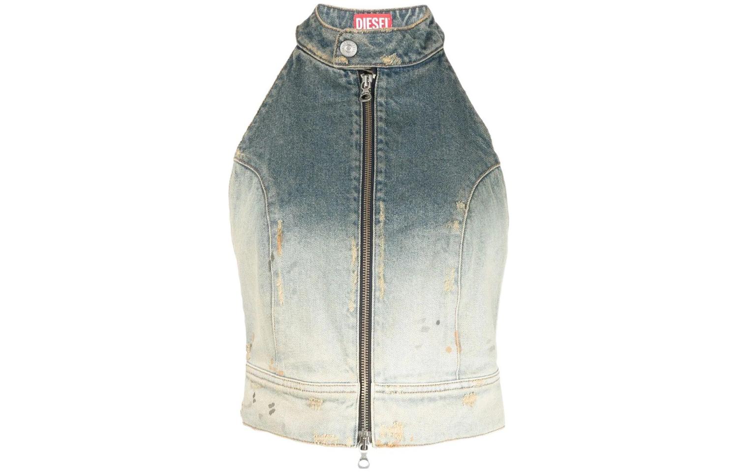 (Women) DIESEL SS23 Halter Neck Zip Denim Tank Top for Women - Blue A100070ENAF-01