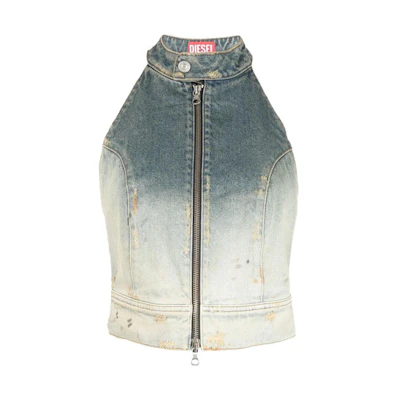 (Women) DIESEL SS23 Halter Neck Zip Denim Tank Top for Women - Blue A100070ENAF-01