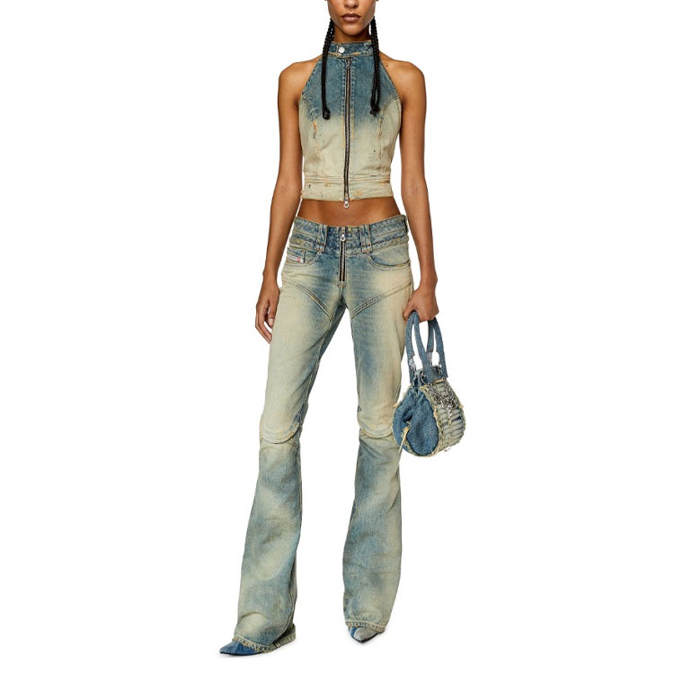 Lookbook (W) 디젤 SS23 여성용 홀터넥 지퍼 데님 탱크탑 - 블루 A100070ENAF-01