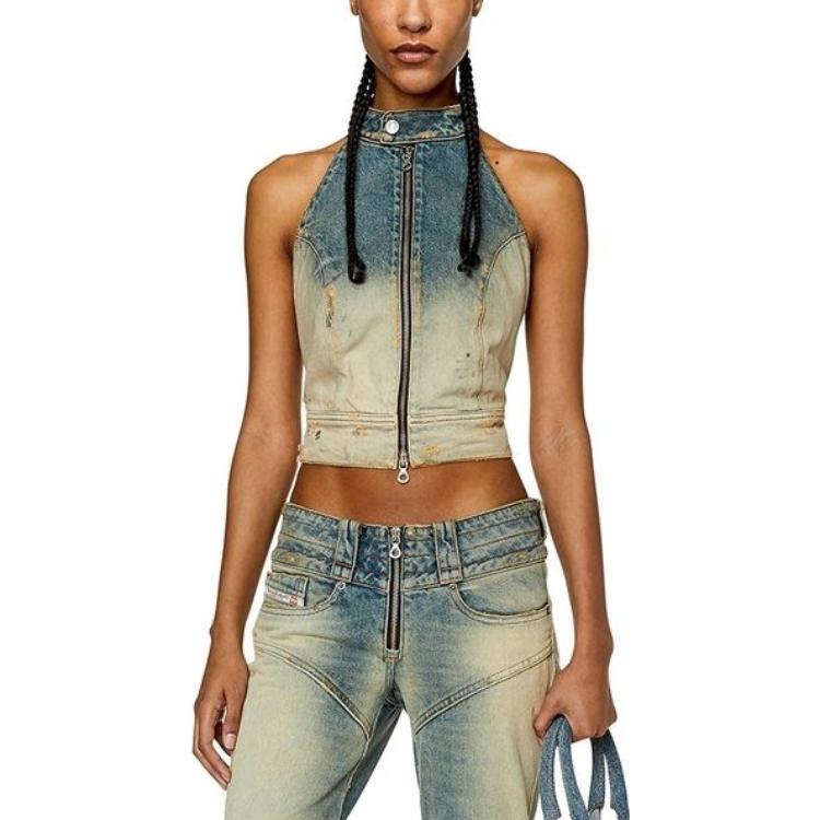 Shop (W) 디젤 SS23 여성용 홀터넥 지퍼 데님 탱크탑 - 블루 A100070ENAF-01