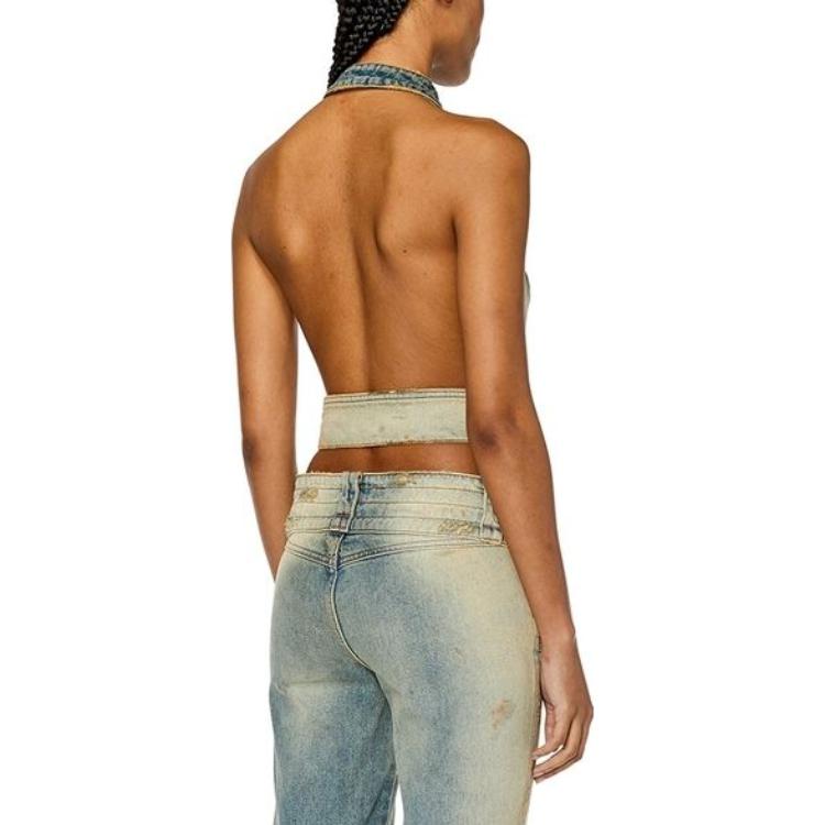 Purchase (W) 디젤 SS23 여성용 홀터넥 지퍼 데님 탱크탑 - 블루 A100070ENAF-01