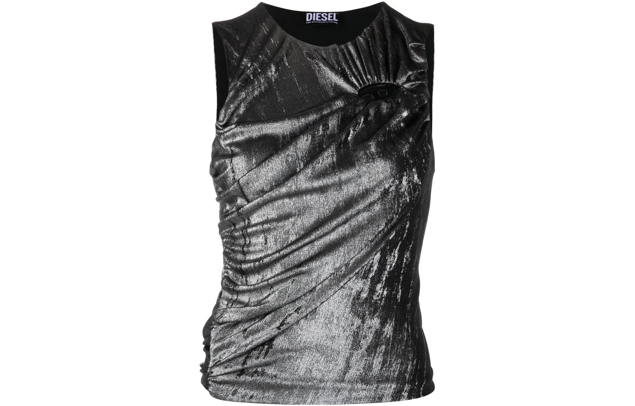 (Women) Diesel SS23 OVAL-D Ruched Logo Cutout Tank Top Black - Fashion. A084630AIJI900