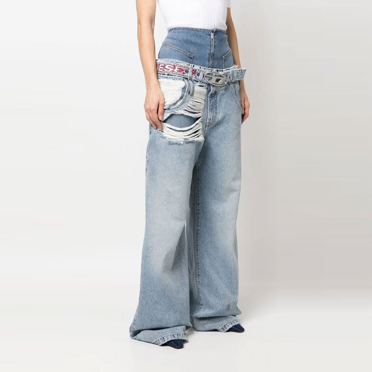 (Women) DIESEL SS23 Oval-D Wide-Leg Distressed Logo Jeans  Blue A091930EMAG01 圖 5