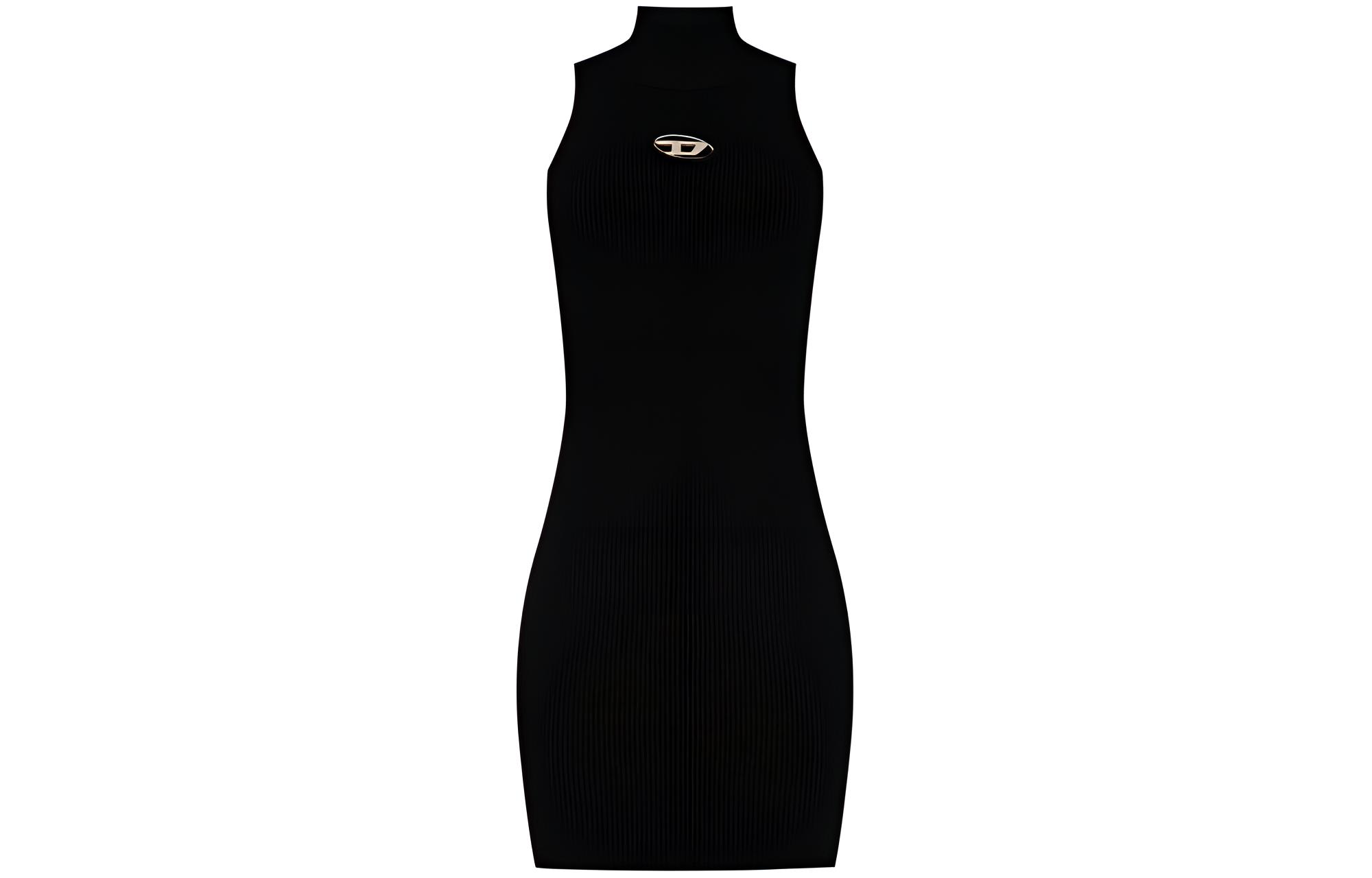 (Women) DIESEL SS24  Black Sleeveless Knit Dress with Metal Logo Oval Detail. A123960DLAX-9XX
