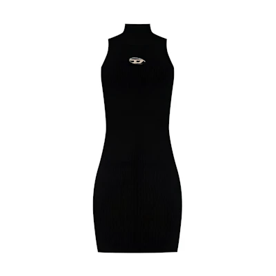 (Women) DIESEL SS24 Black Sleeveless Knit Dress with Metal Logo Oval Detail. A123960DLAX-9XX