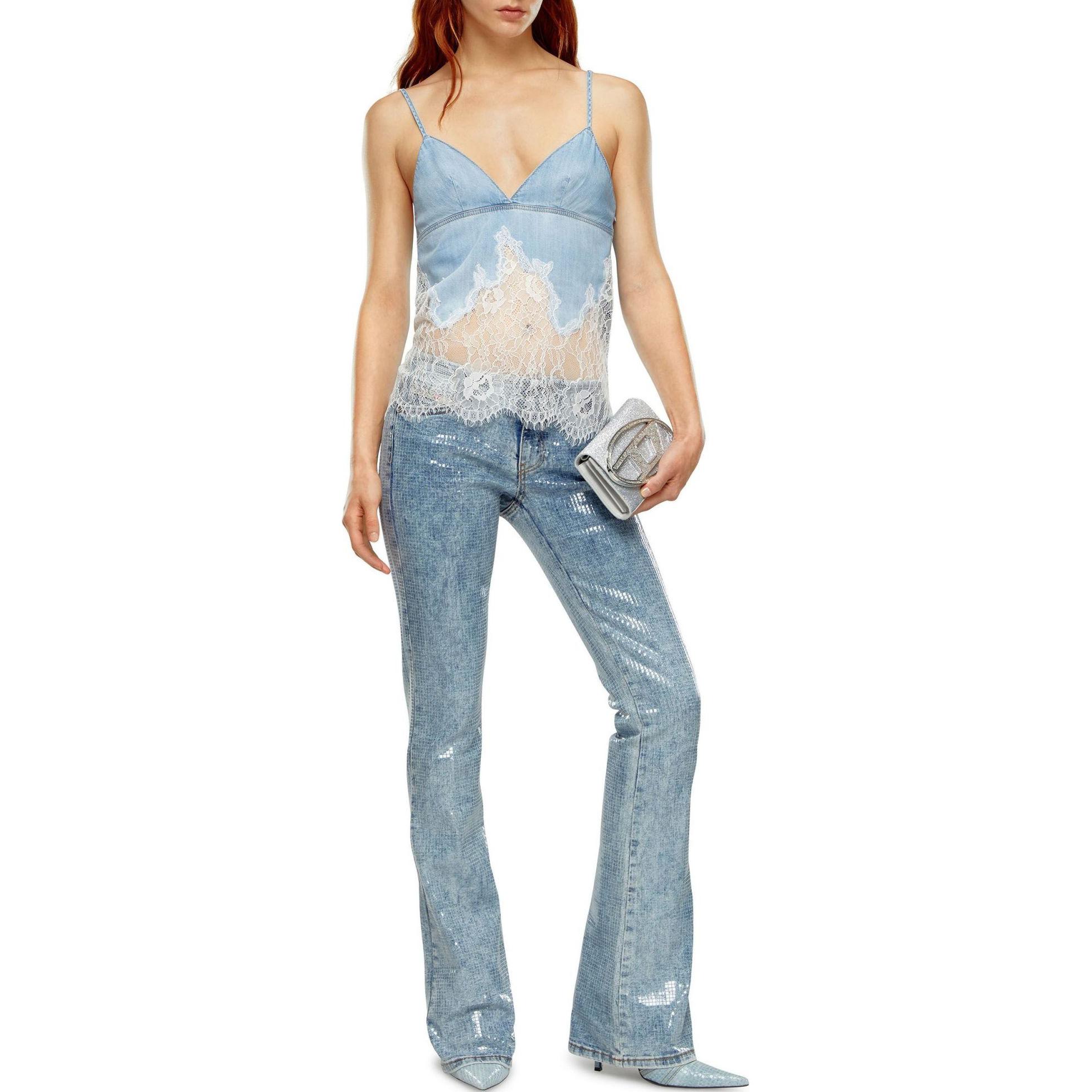 Lookbook (W) DIESEL SS24 Tank Top Denim Biru Muda Trim Lace. A128050JGAH