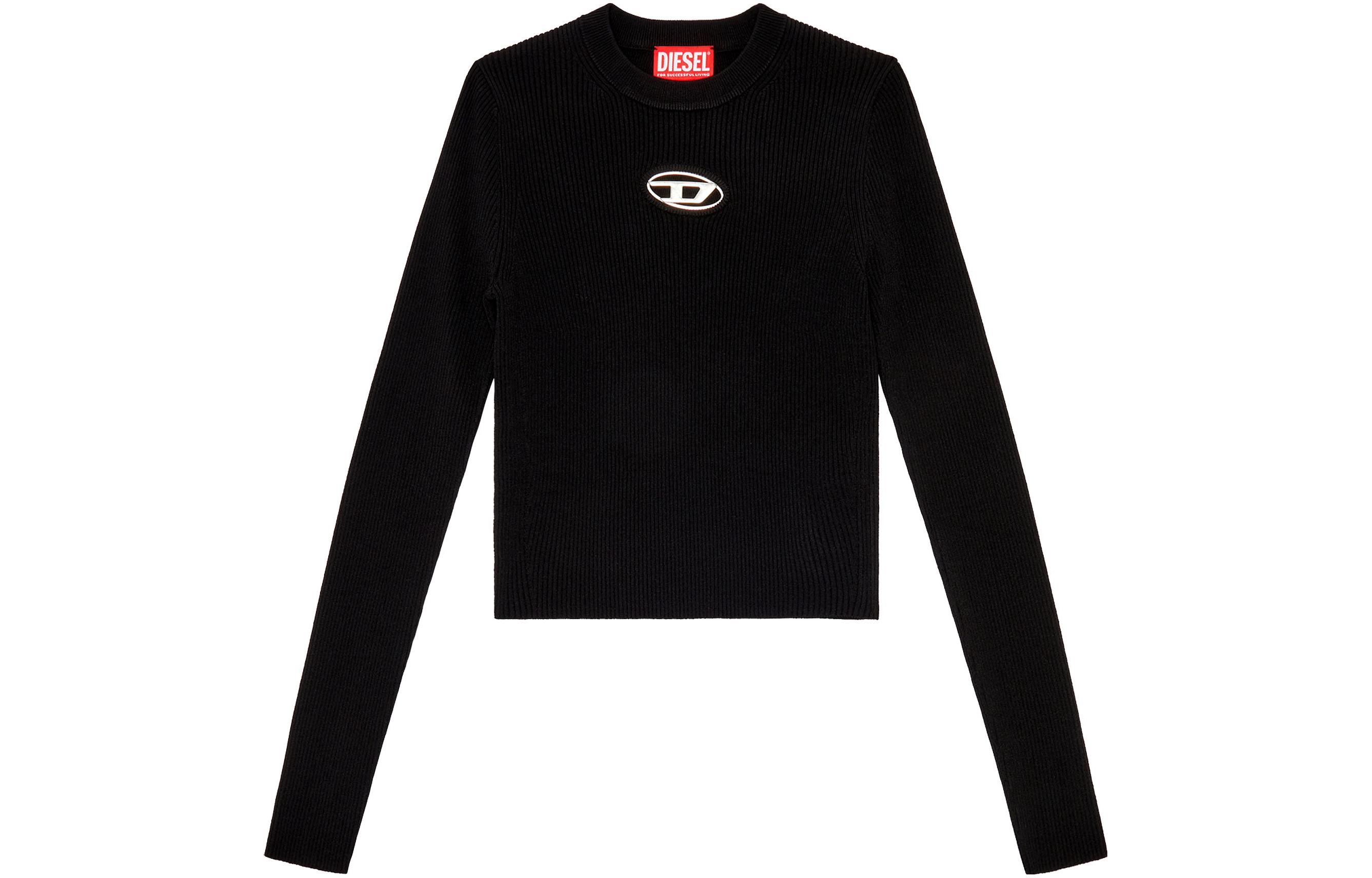 (Women) DIESEL SS24  Oval Metal Logo Cutout Long Sleeve Slim Knit Top Black A123970DLAX-9XX