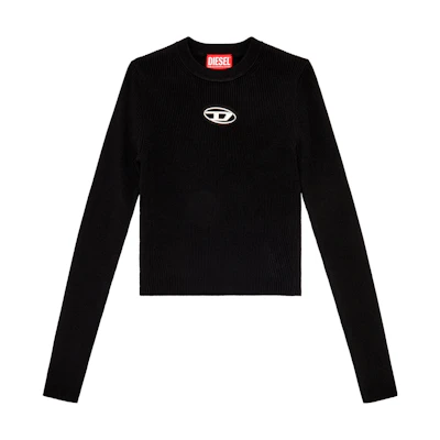 (Women) DIESEL SS24 Oval Metal Logo Cutout Long Sleeve Slim Knit Top Black A123970DLAX-9XX