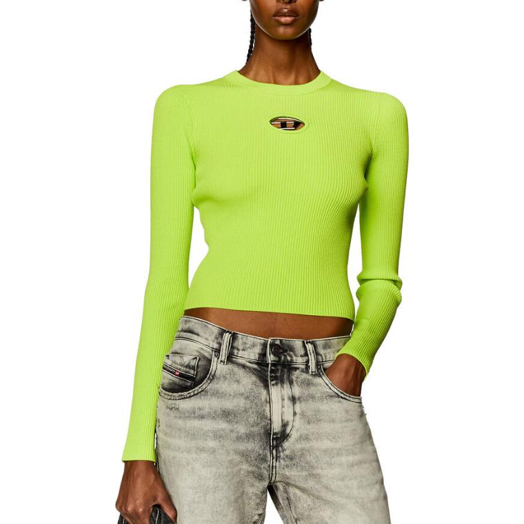 Lookbook (W) DIESEL SS24 Top de Punto Ajustado Verde Neón con Corte de Logo Metálico. A123970DLAX-5KB
