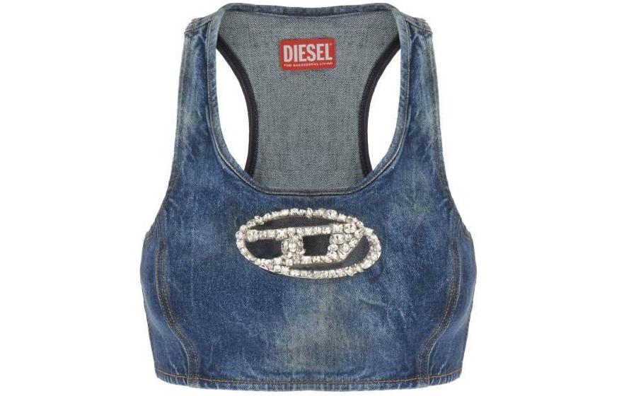 (Women) DIESEL SS24 Oval-D Crystal Logo  Sleeveless Crop Tank Top Blue A138210PGAL-01