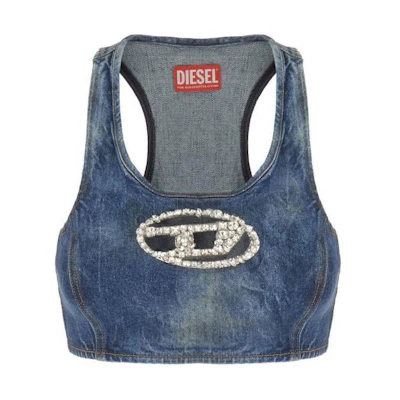 (Women) DIESEL SS24 Oval-D Crystal Logo Sleeveless Crop Tank Top Blue A138210PGAL-01