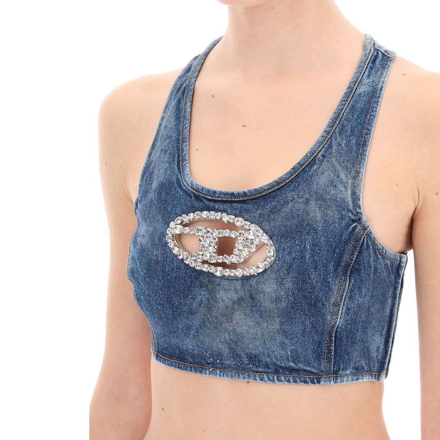 Shop (W) 디젤 SS24 오벌-D 크리스탈 로고 슬리브리스 크롭 탱크탑 블루 A138210PGAL-01