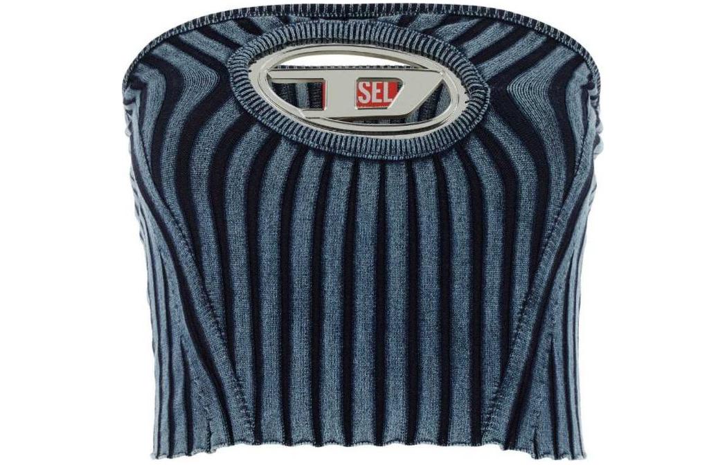 Order (W) 디젤 SS24 여성 블루 스트라이프 슬리브리스 오벌-D 프린트 튜브탑 A057700HEAS81E