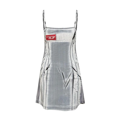 (Women) DIESEL SS24 Oval-D Y2K Style Silver Off-Shoulder Fitted Crop Dress for Women. A134220QHAZ100A