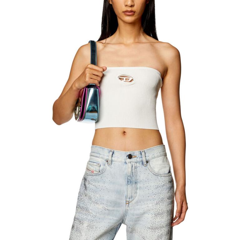 Lookbook (W) 디젤 SS24 오벌 D 메탈 로고 컷아웃 솔리드 튜브탑 여성 화이트 A130190DLAX-129