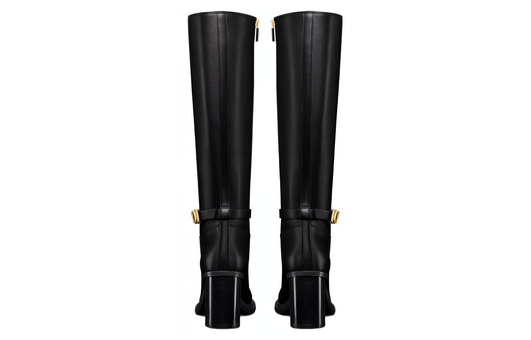 Shop DIOR迪奥 30 Montaigne 小牛皮 簡約時尚 高筒靴 7.5cm 女款 黑金