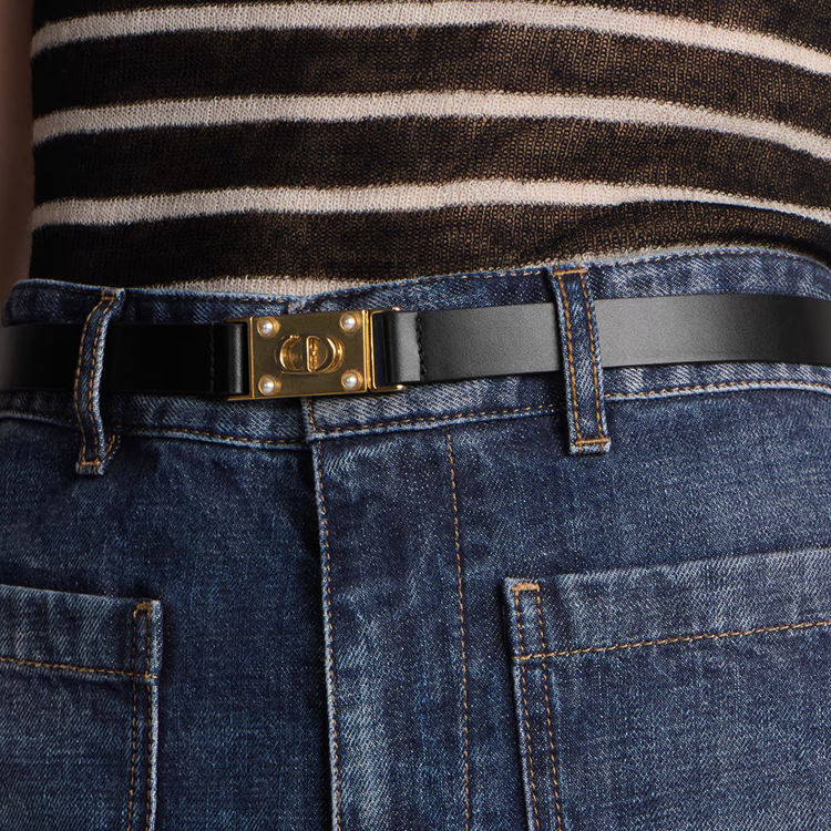 Shop (W) Cinturón de Cuero Negro DIOR con Diseño de Logo - 2cm. B0577UBGO_M900