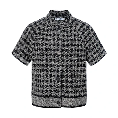 (Women) DIOR Black Short-Sleeve Cropped Jacket with Houndstooth Pattern. 424V13AM753-X9330