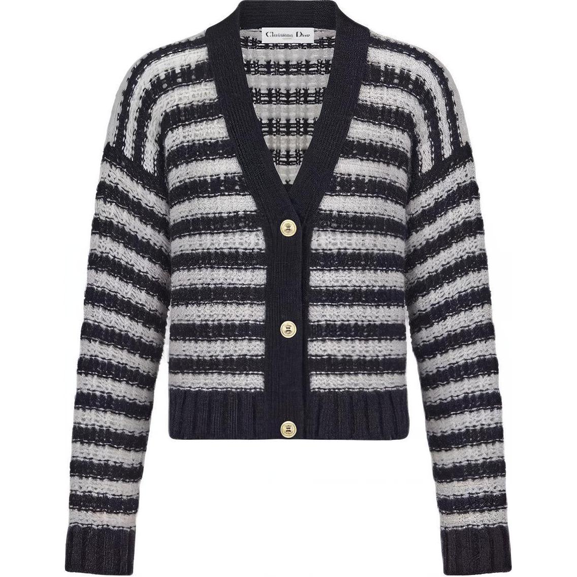 (Women) DIOR  Black Striped V-Neck Long Sleeve Knit Sweater 344G02AM4185855