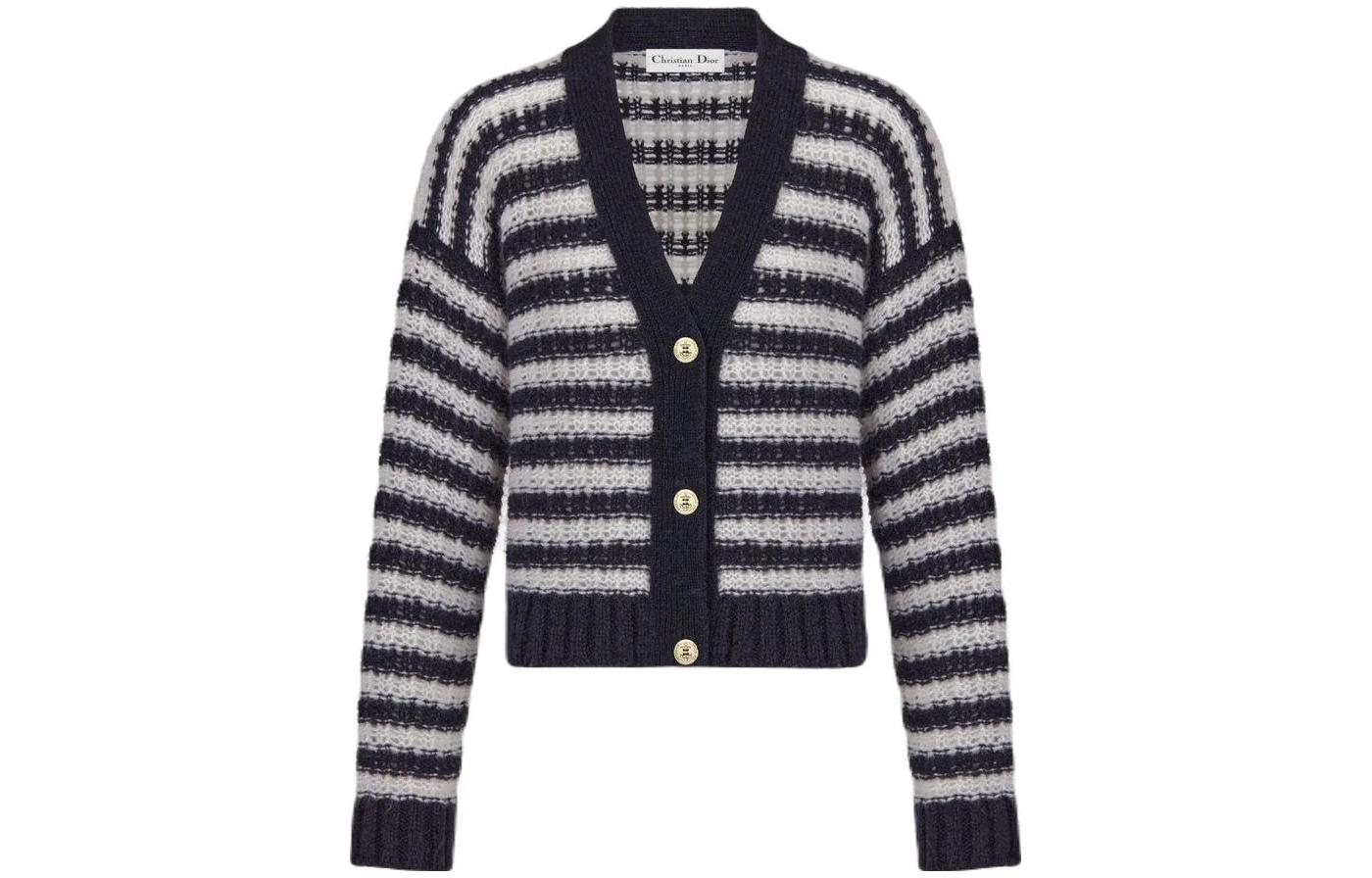 Order (W) DIOR Sweater Rajut Hitam Garis Lengan Panjang Leher V 344G02AM4185855