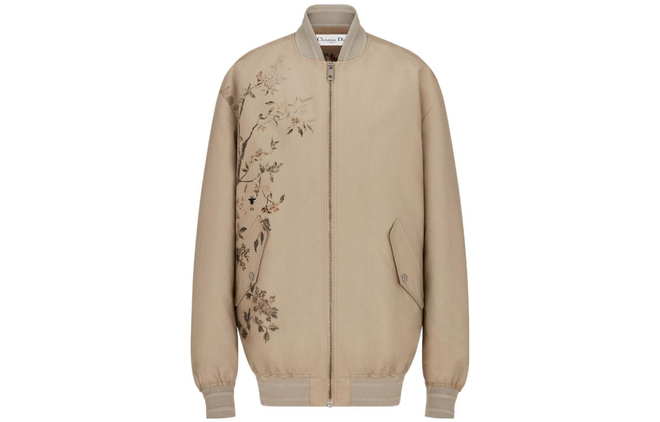 (Women) DIOR  Floral Embroidered Baseball Collar Zip Jacket Khaki Color. 257C36A3961-X1810