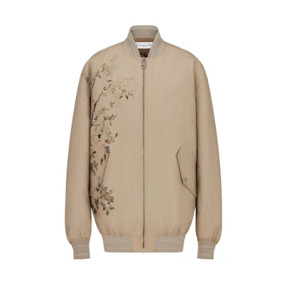 (Women) DIOR Floral Embroidered Baseball Collar Zip Jacket Khaki Color. 257C36A3961-X1810