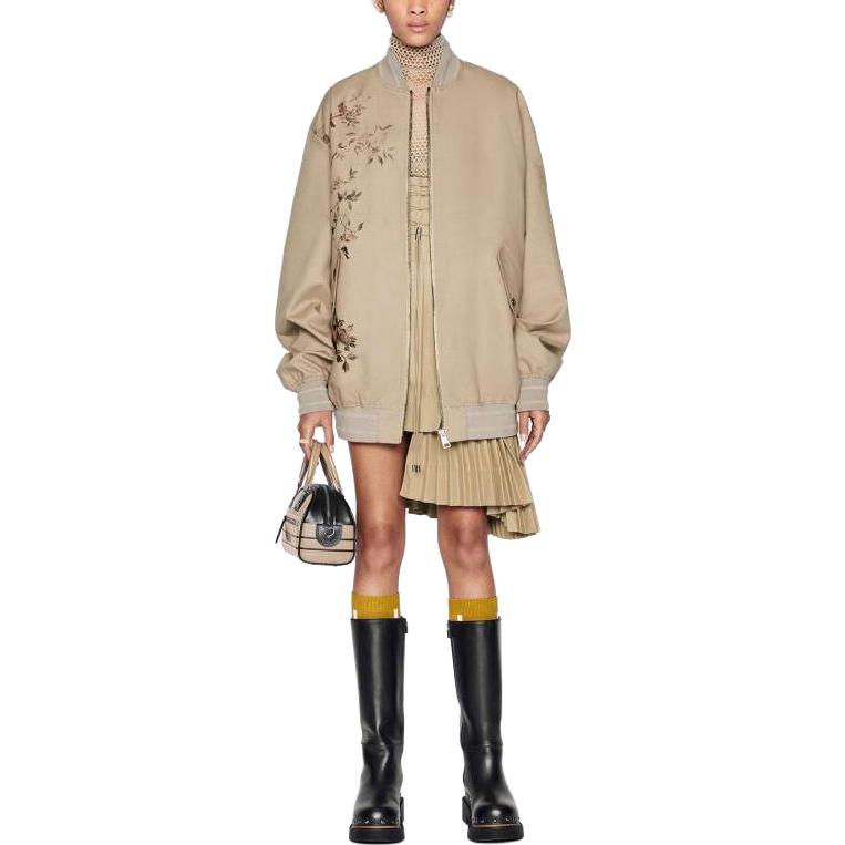 Shop (W) Chaqueta DIOR Caqui con Bordado Floral, Cuello Béisbol y Cierre Cremallera. 257C36A3961-X1810
