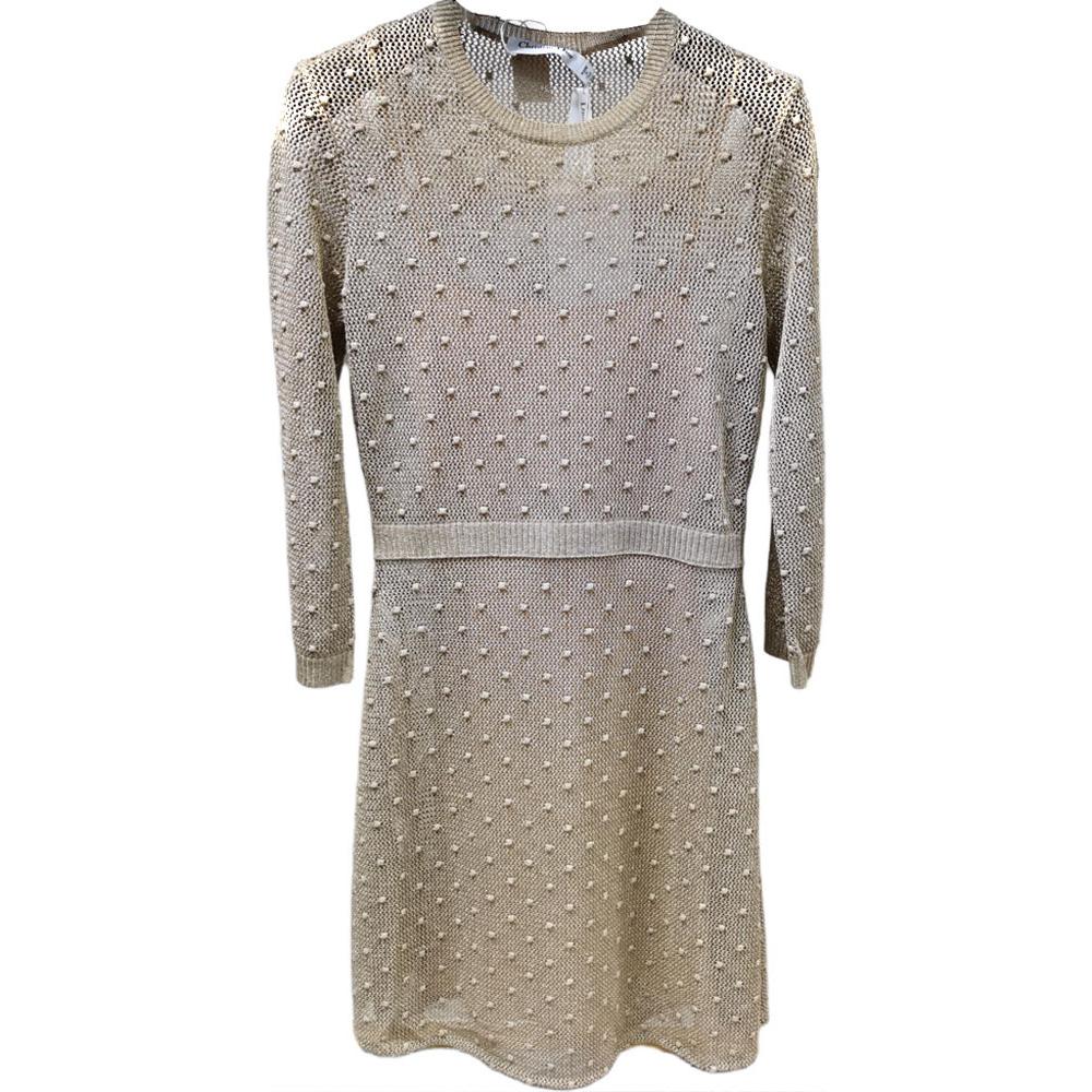 (Women) DIOR  Gold Long-Sleeve Midi Dress with Ornamental Hollow Design. 844R09AM902-0003
