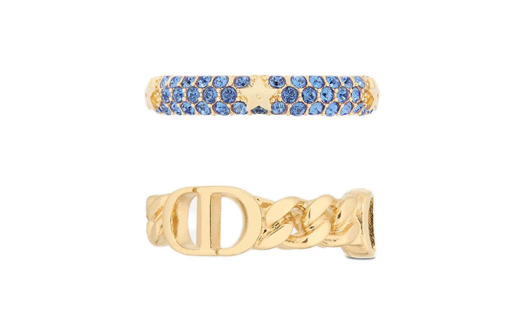 Shop (W) DIOR Cincin Emas dengan Logo Huruf Metal dan Kristal Palsu. R1287WOMCY_D33B