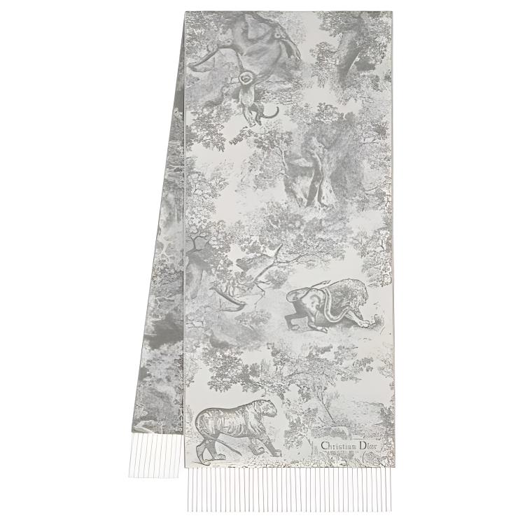 (Women) DIOR  Gray Wool-Cashmere Scarf with Tiger Print & Fringe Details. 41JOU215I159C820