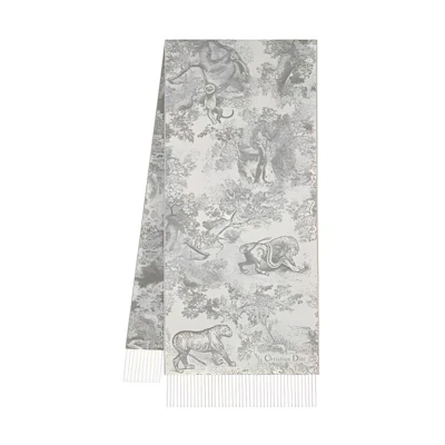 (Women) DIOR Gray Wool-Cashmere Scarf with Tiger Print & Fringe Details. 41JOU215I159C820