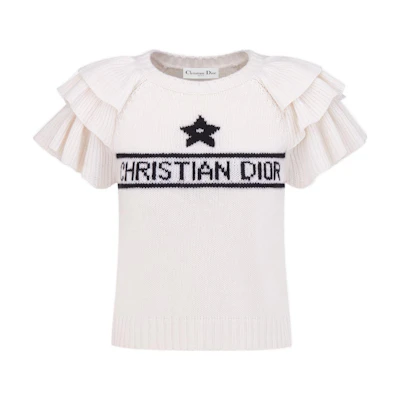 (Women) DIOR Ivory Knit Top with Ruffled Sleeves and Contrast Logo Jacquard. 324S13AM003-X0810