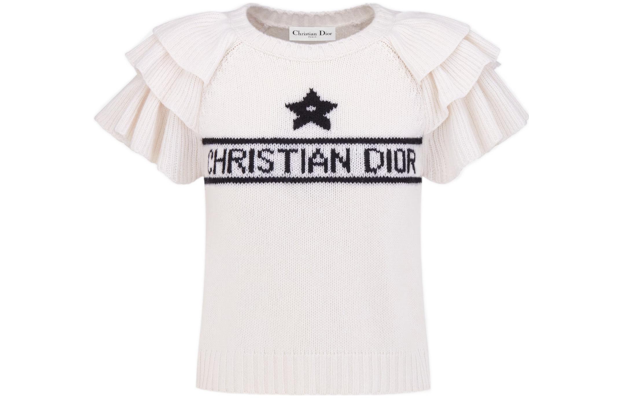 Order (W) DIOR Ivory Knit Top dengan Lengan Beropol dan Logo Jacquard Kontras. 324S13AM003-X0810