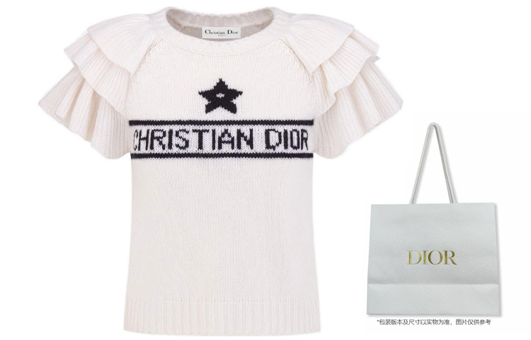 Shop (W) DIOR Ivory Knit Top dengan Lengan Beropol dan Logo Jacquard Kontras. 324S13AM003-X0810